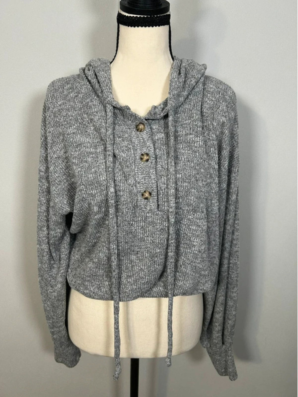 Made With Love Gray Knit Hooded Henley Pullover Sweater Boho Cozy